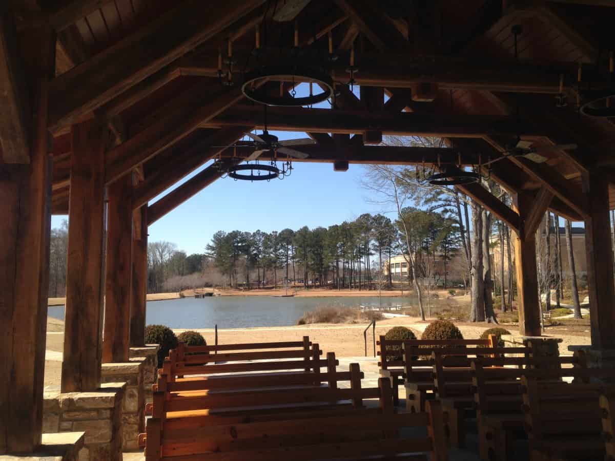 View of lake from timber frame chapel