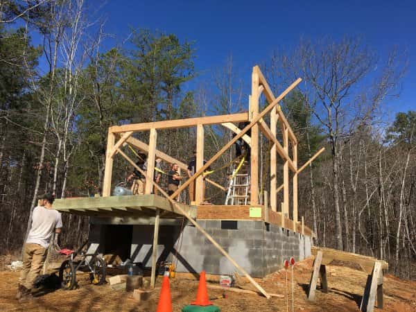 Raising a timber frame cabin
