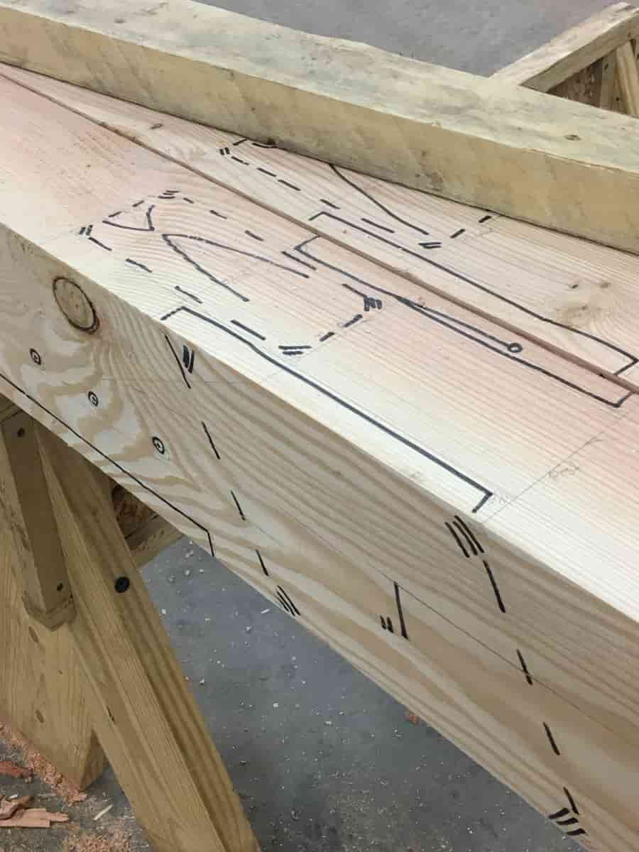 Layout drawn on timber for pavilion