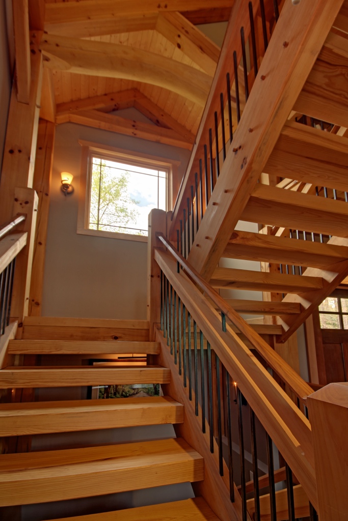 Timber frame home open staircase