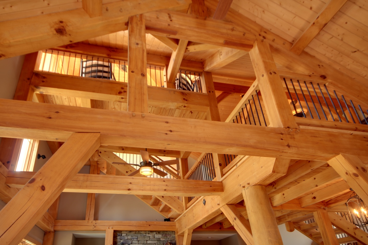 Timber frame home view looking up
