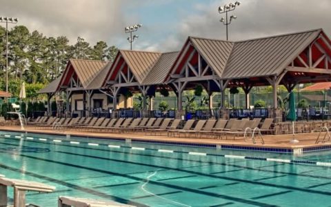 Timber frame poolside pavilion at Atlanta Athletic Club