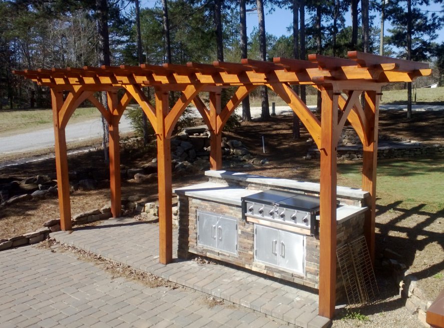 outdoor kitchen timber frame pergola