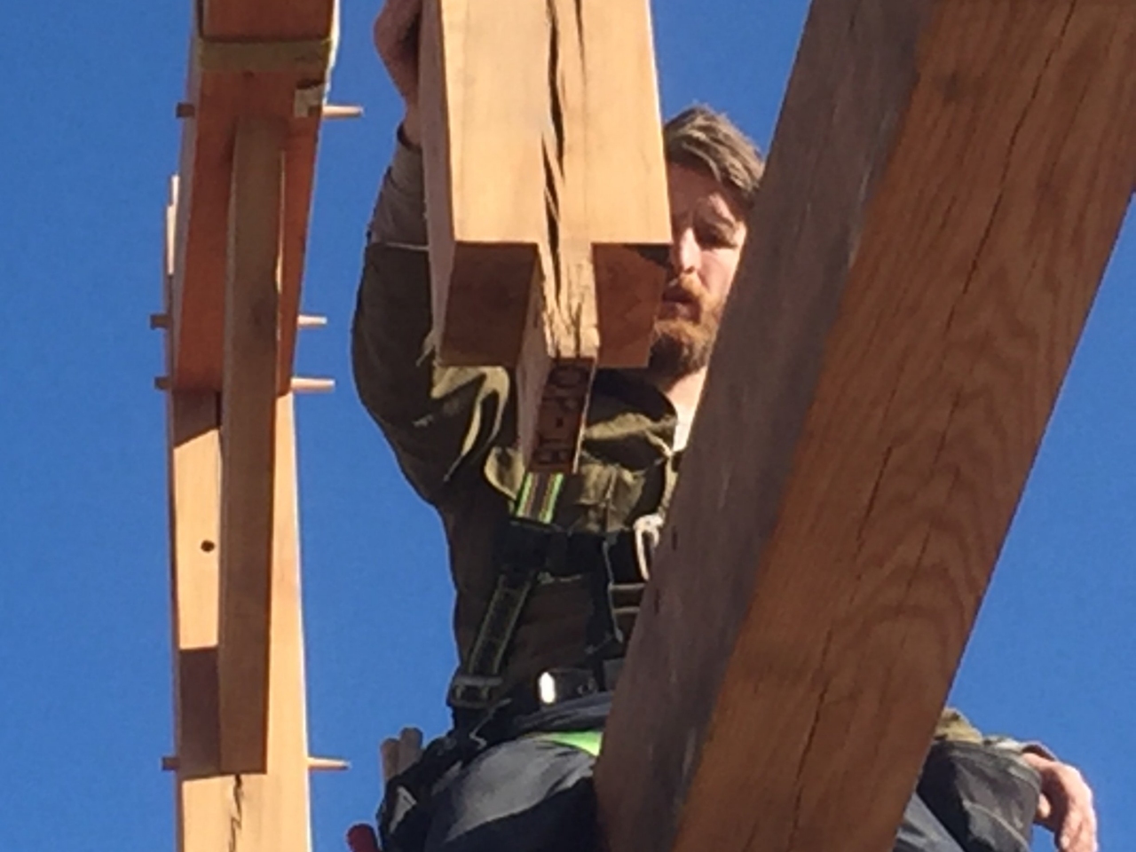 Setting a timber in a barn raising