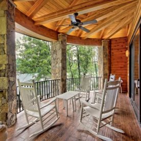 timber framed half dome porch at lakefront home