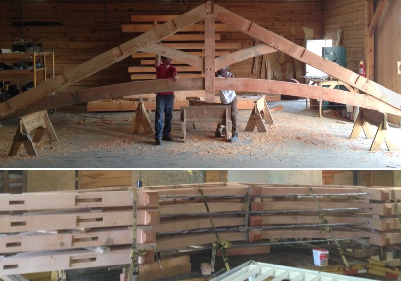 timber frame trusses in shop