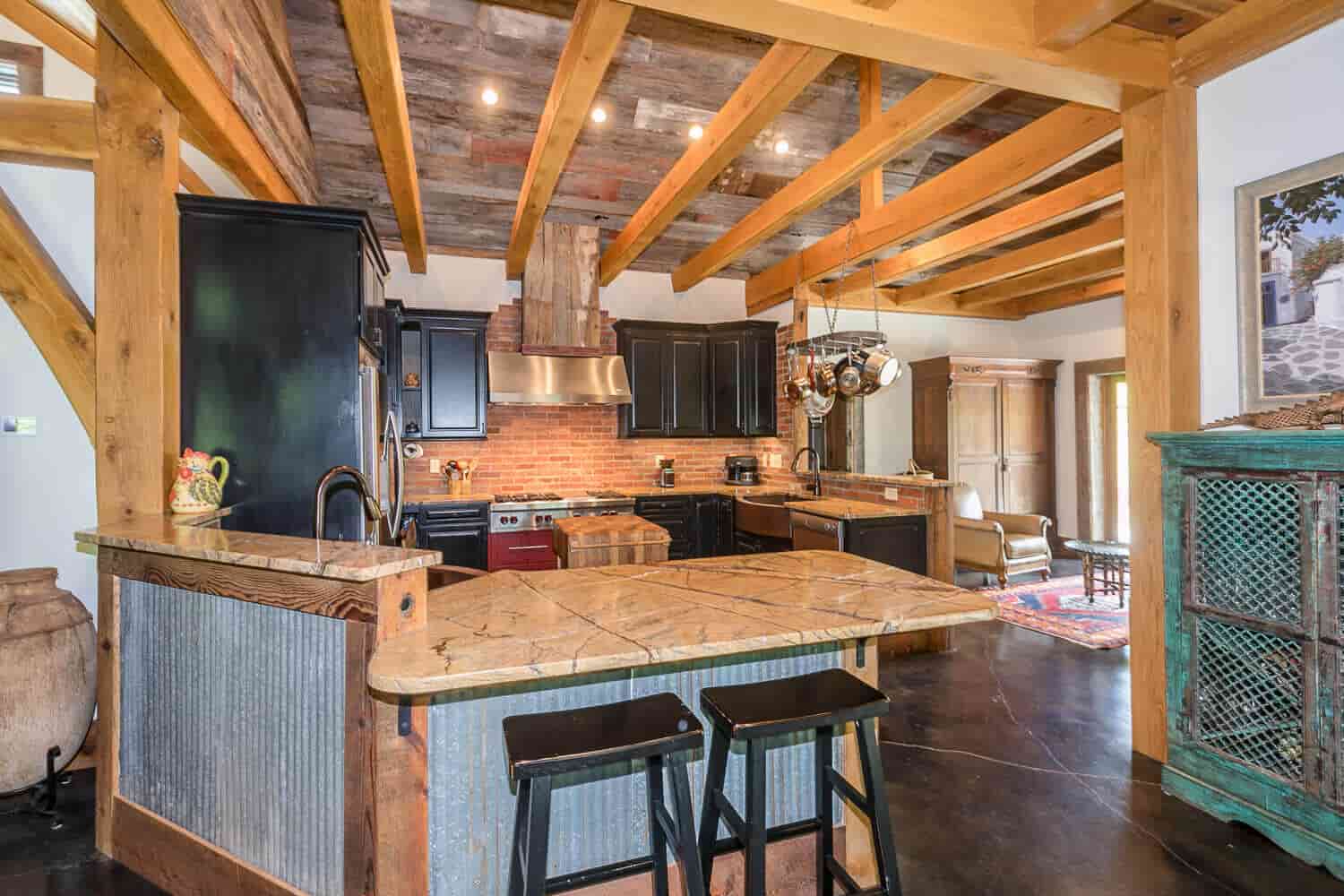 timber framed open concept kitchen