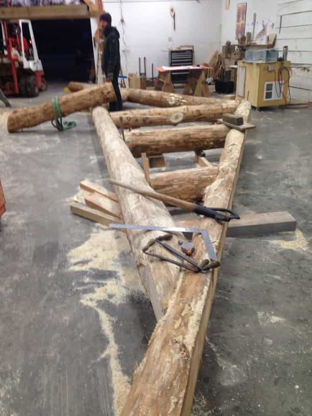 timber frame truss in shop