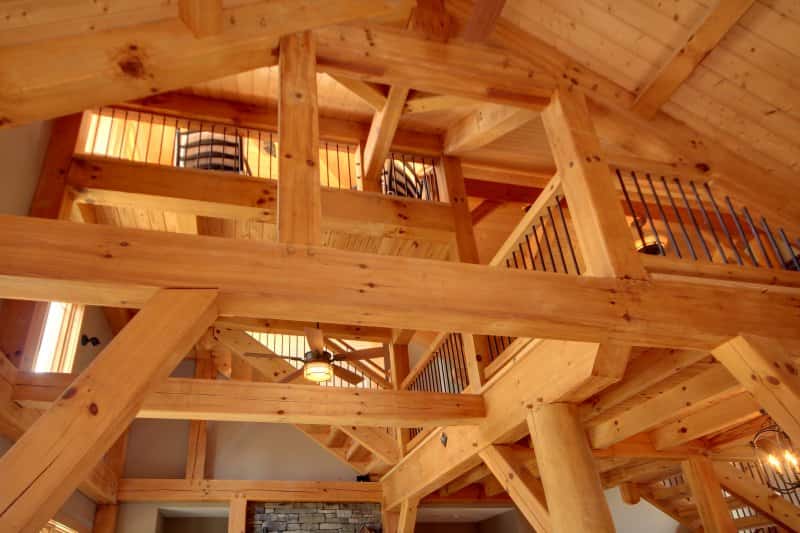 Interior view of multi-level timber frame