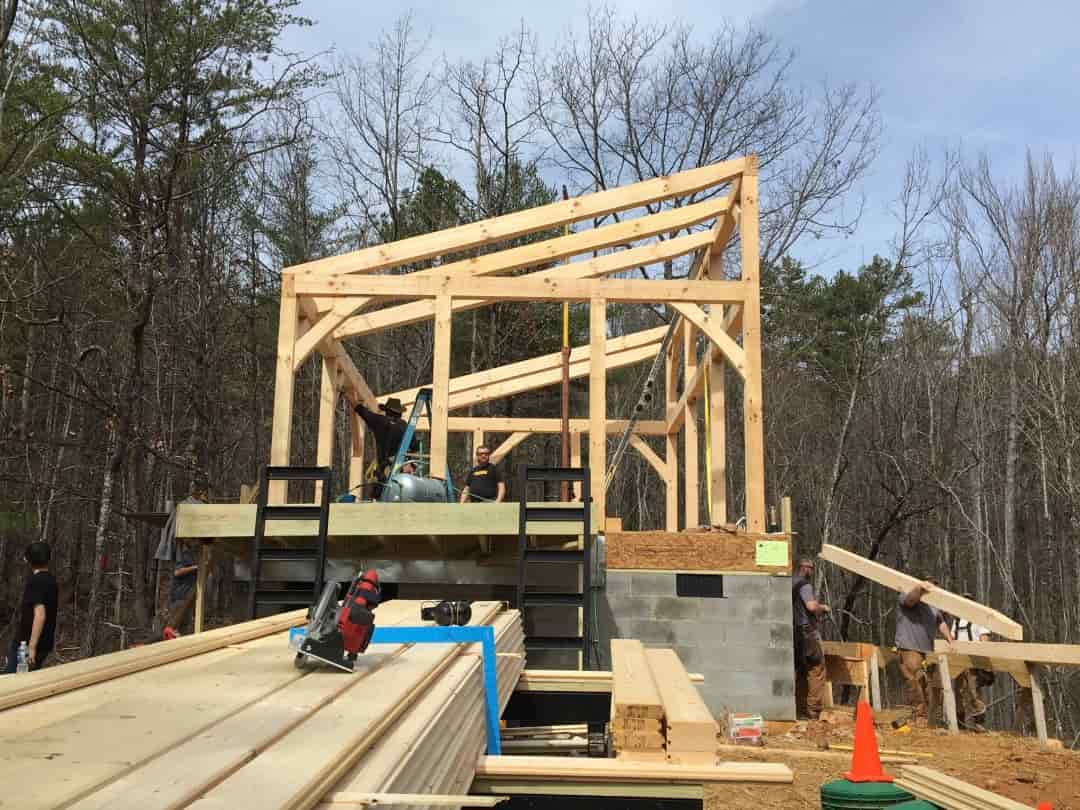 Timber frame cabin raising