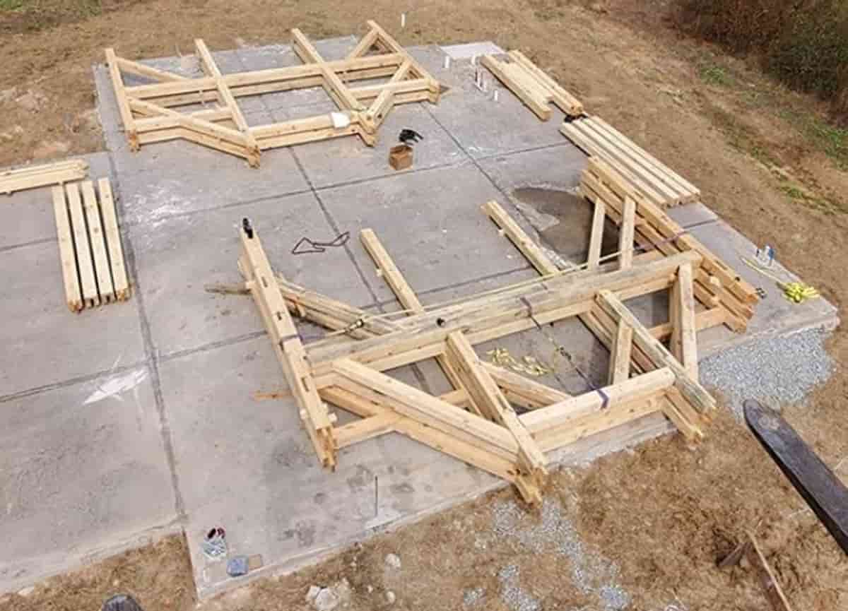 timber frame laid out on slab