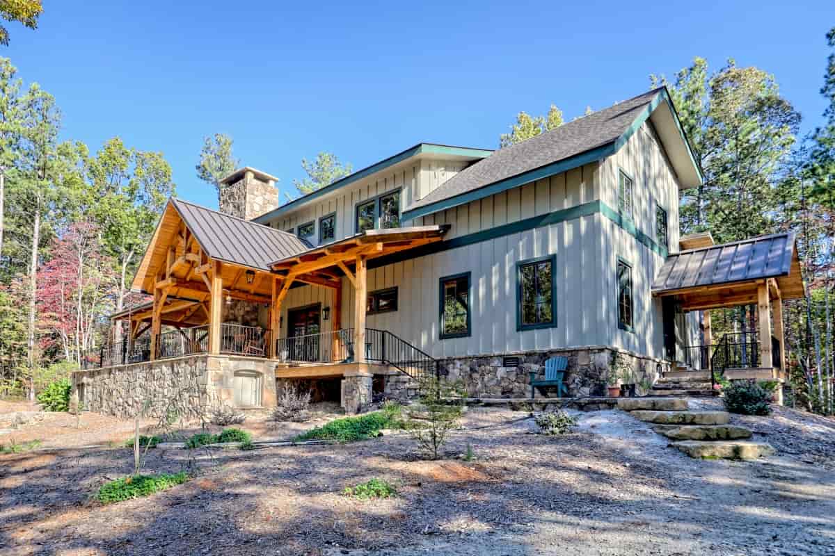 custom timber frame home back view