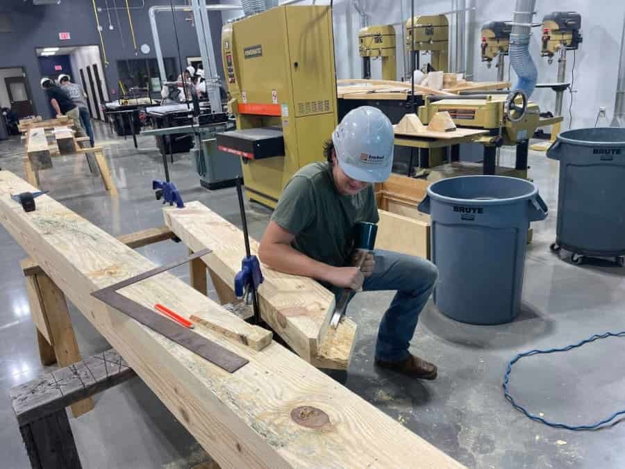 Student chiseling a tenon
